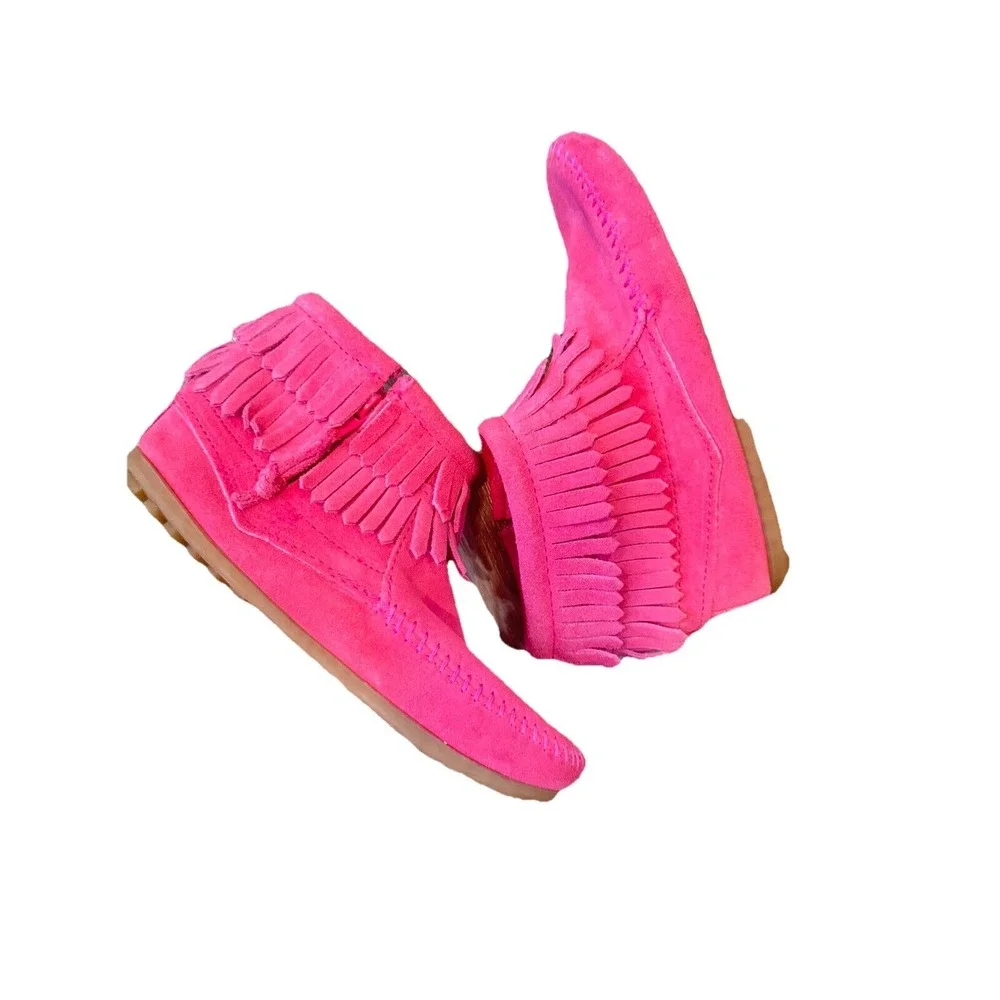 Minnetonka Pink Double Fringe Leather Ankle Boot Girl's Size 2 New w/o Box
